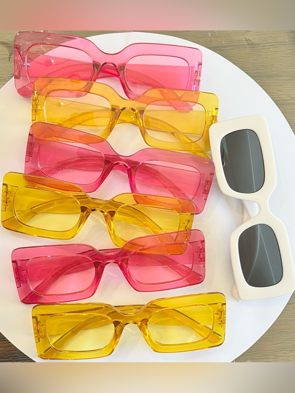 Colorblock Rectangular Sunglasses - Pink, Yellow, White - Set of 7 pairs